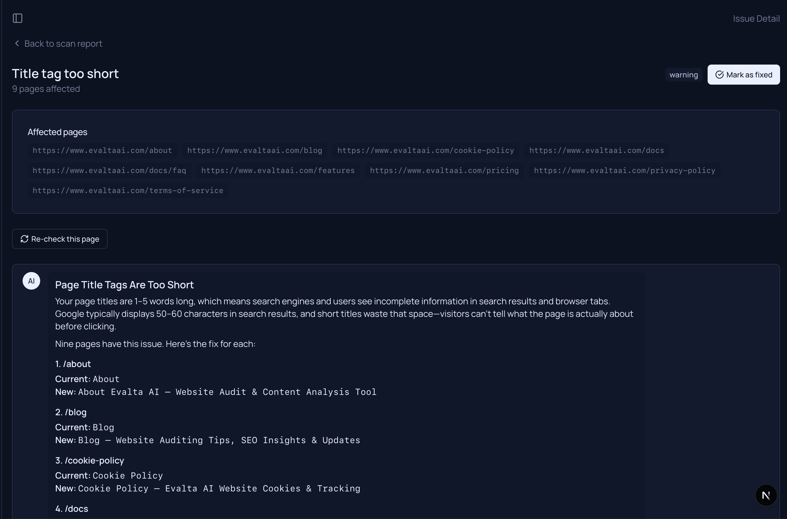 Evalta AI agent chat showing a specific LCP fix recommendation